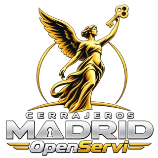 Logotipo de Cerrajeros Madrid OpenServi: la Victoria Alada alzando una llave dorada, sobre el rótulo «Cerrajeros Madrid OpenServi»
